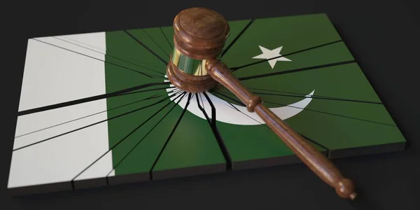 Block with flag of Pakistan hit by judges gavel. Court related 3d rendering — Stock Photo, Image