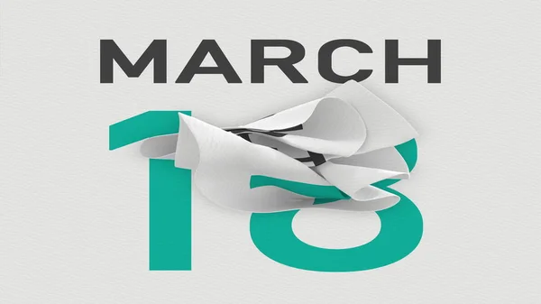 18. března datum za zmačkanou papírovou stránkou kalendáře, 3D vykreslování — Stock fotografie