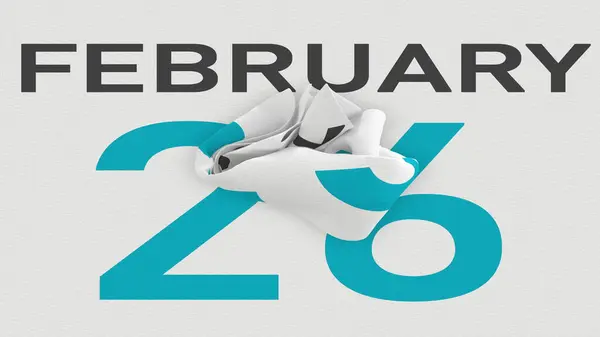 26. února datum za zmačkanou papírovou stránkou kalendáře, 3D vykreslování — Stock fotografie