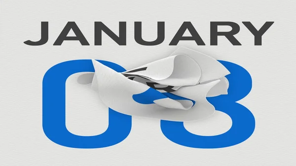 8. ledna datum za zmačkanou papírovou stránku kalendáře, 3D vykreslování — Stock fotografie