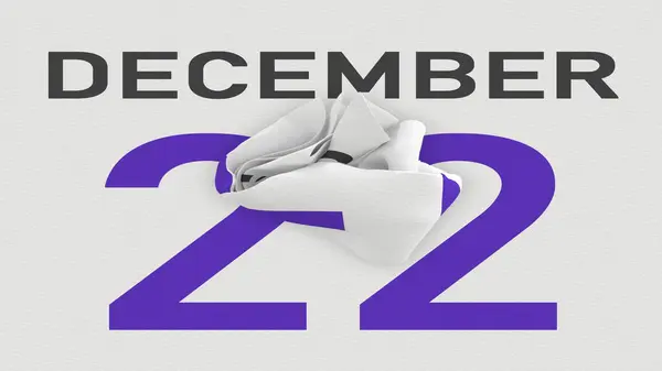 December 22 date behind crumpled paper page of a calendar, 3d rendering — стоковое фото