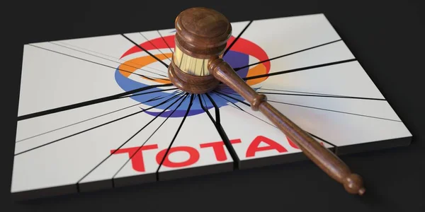 Judges gavel and broken logo of TOTAL. Editorial conceptual 3d rendering — 图库照片