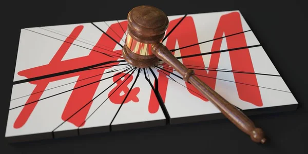 Judges gavel and broken logo of HM. Editorial conceptual 3d rendering — Stockfoto