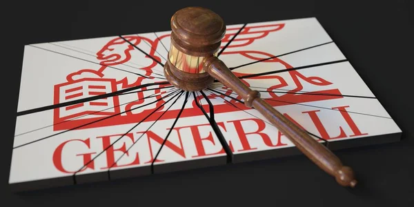 Logo of GENERALI hit by judges gavel. Court related editorial 3d rendering — стокове фото