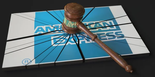 Broken logo of AMERICAN EXPRESS and judges gavel. Editorial conceptual 3d rendering — Fotografia de Stock