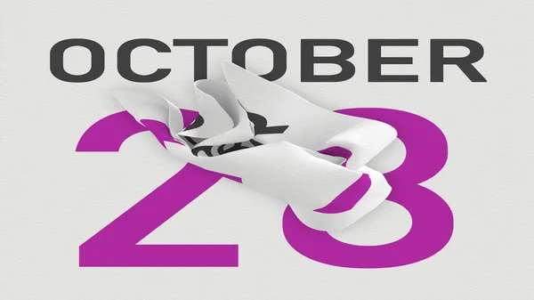 28 oktober datum bakom skrynklig papperssida i en kalender, 3D-rendering — Stockfoto