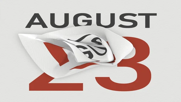 23 августа дата за скомканной бумажной страницей календаря, 3D рендеринг — стоковое фото