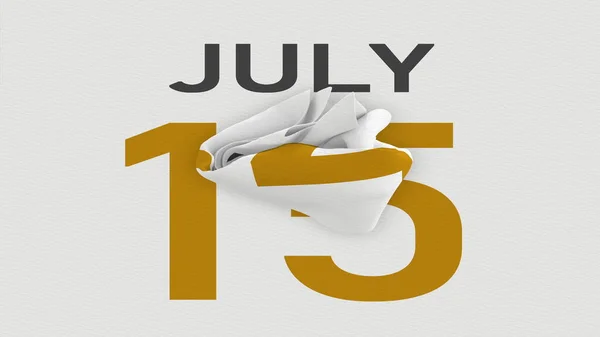 Július 15 dátum mögött gyűrött papírlap egy naptár, 3D-s renderelés — Stock Fotó