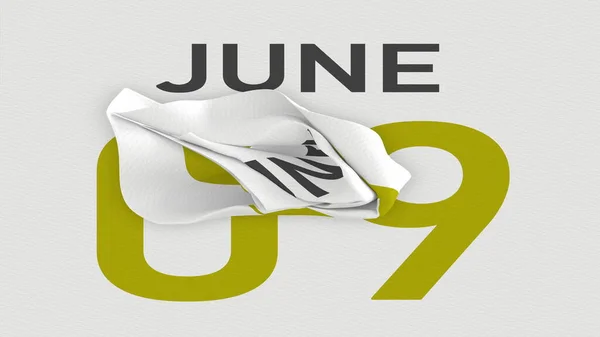 9 juni datum achter verkreukelde papieren pagina van een kalender, 3d rendering — Stockfoto