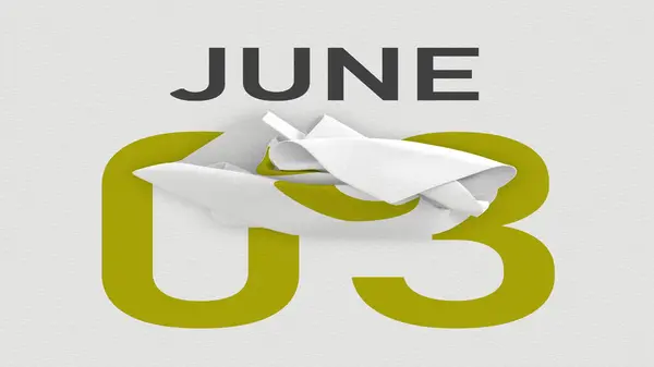 3 Ιουνίου ημερομηνία πίσω από τσαλακωμένη χάρτινη σελίδα ενός ημερολογίου, 3d απόδοση — Φωτογραφία Αρχείου