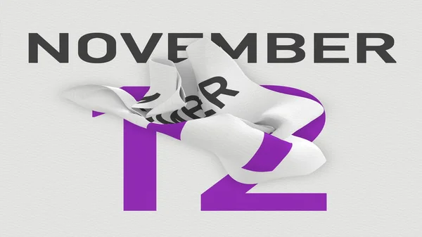 12 november datum bakom skrynklig papperssida i en kalender, 3D-rendering — Stockfoto