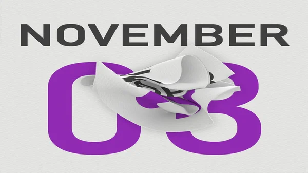 3 de novembro data atrás da página de papel amassada de um calendário, prestação 3d — Fotografia de Stock