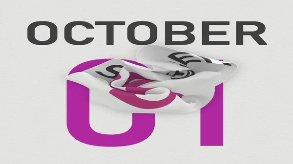 Október 1 dátum mögött gyűrött papírlap egy naptár, 3D-s renderelés — Stock Fotó