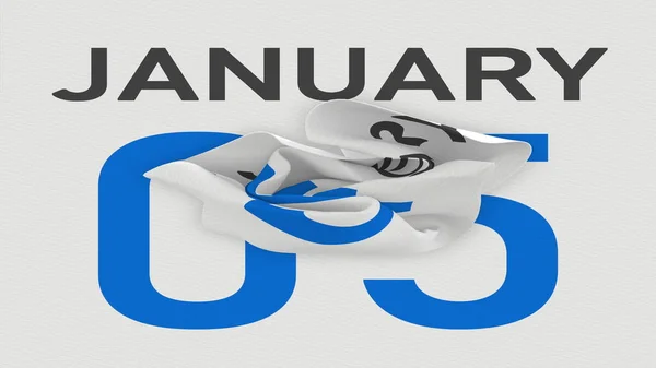 5 de enero la fecha detrás de la página arrugada de papel del calendario, la representación 3d — Foto de Stock