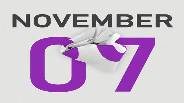 7 de noviembre la fecha detrás de la página arrugada de papel del calendario, la representación 3d — Foto de Stock