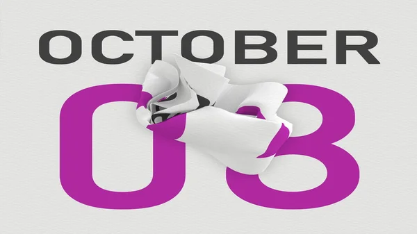 8 oktober datum bakom skrynklig papperssida i en kalender, 3D-rendering — Stockfoto