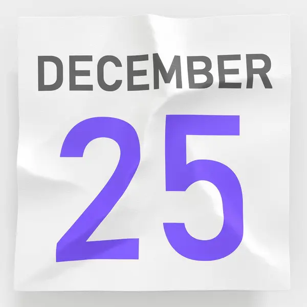 25. Dezember Datum auf zerknittertem Papier eines Kalenders, 3D-Darstellung — Stockfoto