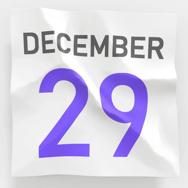 29 grudnia data na pogniecionej papierowej stronie kalendarza, renderowanie 3d — Zdjęcie stockowe