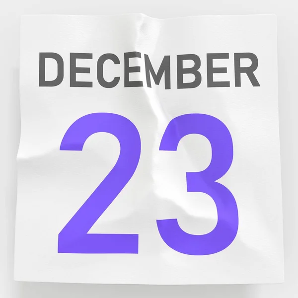 December 23 date on crumpled paper page of a calendar, 3d rendering — Stock Photo, Image