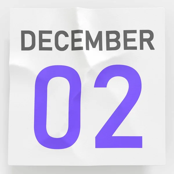 2 december datum på skrynkligt papper sida i en kalender, 3D-rendering — Stockfoto