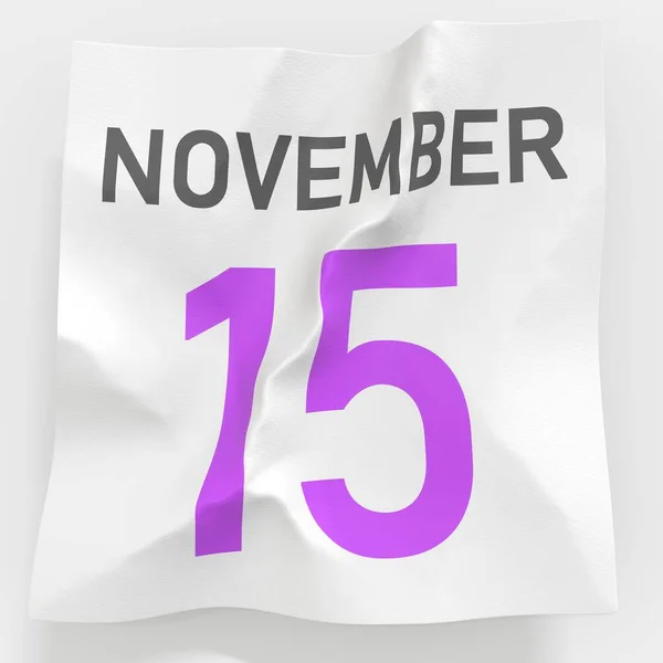 15 novembre date sur papier froissé d'un calendrier, rendu 3d — Photo