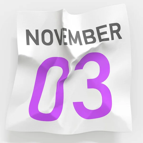 3 de novembro data em página de papel amassada de um calendário, prestação 3d — Fotografia de Stock