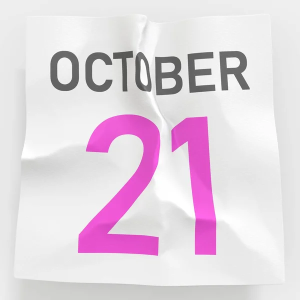 21 de outubro data em página de papel amassada de um calendário, prestação 3d — Fotografia de Stock