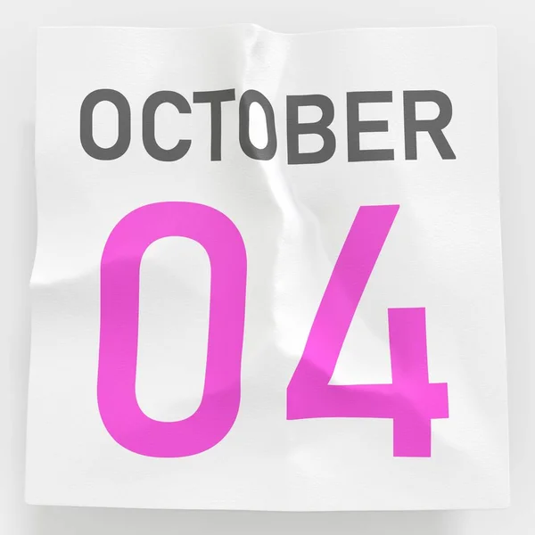 Outubro 4 data em página rasgada de um calendário, 3d renderização — Fotografia de Stock