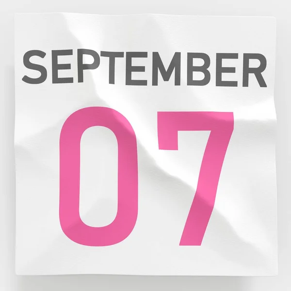 7 de setembro data em página de papel amassada de um calendário, prestação 3d — Fotografia de Stock