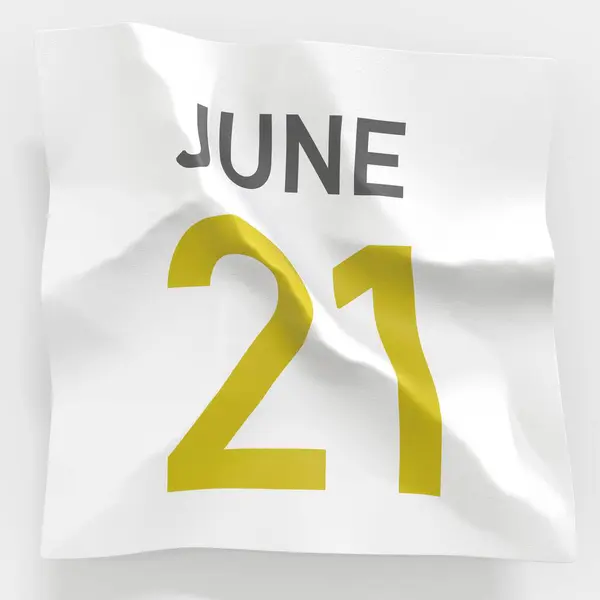 21 червня дата на зім'ятій паперовій сторінці календаря, 3d рендеринга — стокове фото