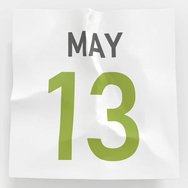 May 13 date on crumpled paper page of a calendar, 3d rendering — Stock Photo, Image