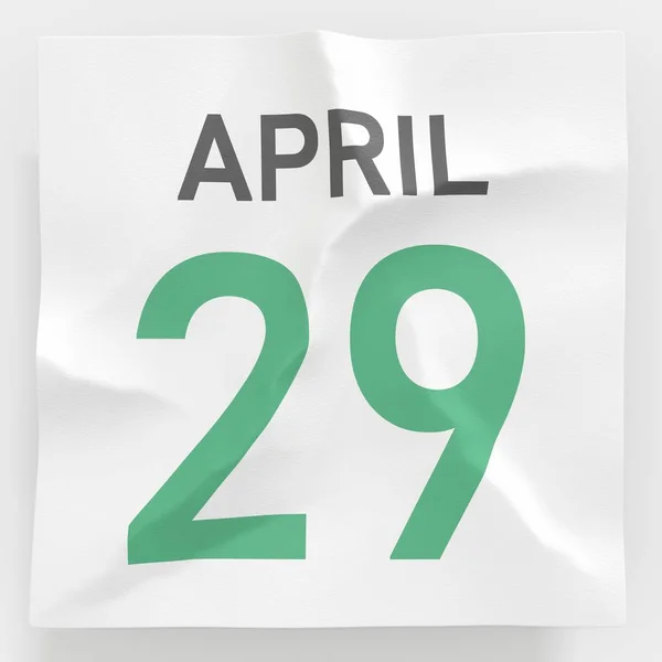 April 29 date on torn page of a calendar, 3d rendering — 图库照片