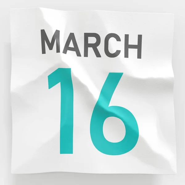 16 mars date sur papier froissé d'un calendrier, rendu 3d — Photo