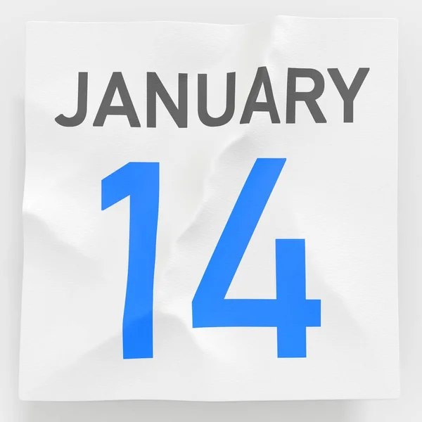 14 januari datum på en trasig sida i en kalender, 3D-rendering — Stockfoto