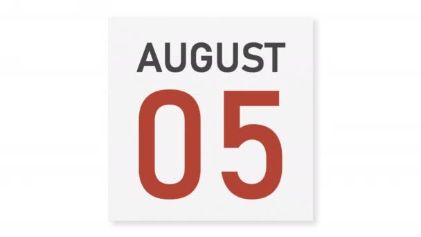 Datum 6. srpna za zmačkanou papírovou stránkou kalendáře, 3D animace — Stock video