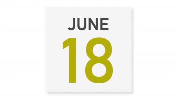19 de junio la fecha detrás de la página arrugada de papel del calendario, la animación 3d — Vídeo de stock