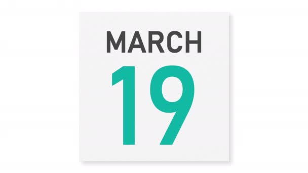 20 marzo data dietro pagina di carta spiegazzata di un calendario, animazione 3d — Video Stock