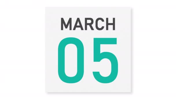6 de março data atrás da página de papel amassada de um calendário, animação 3d — Vídeo de Stock
