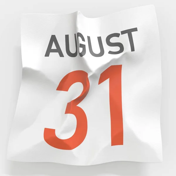 31 augusti datum på skrynkligt papper sida i en kalender, 3D-rendering — Stockfoto