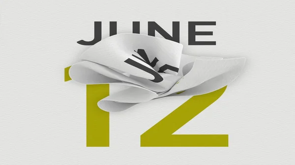 Június 12 dátum mögött gyűrött papírlap egy naptár, 3D-s renderelés — Stock Fotó
