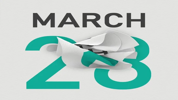 28 mars datum efter riven sida i en papperskalender, 3D-rendering — Stockfoto