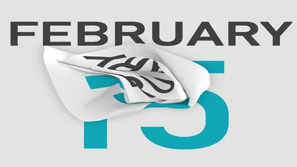 15 de febrero la fecha después de la página rasgada del calendario de papel, la representación 3d — Foto de Stock