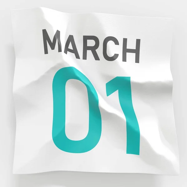 1 de marzo la fecha en la página arrugada de papel del calendario, la representación 3d —  Fotos de Stock