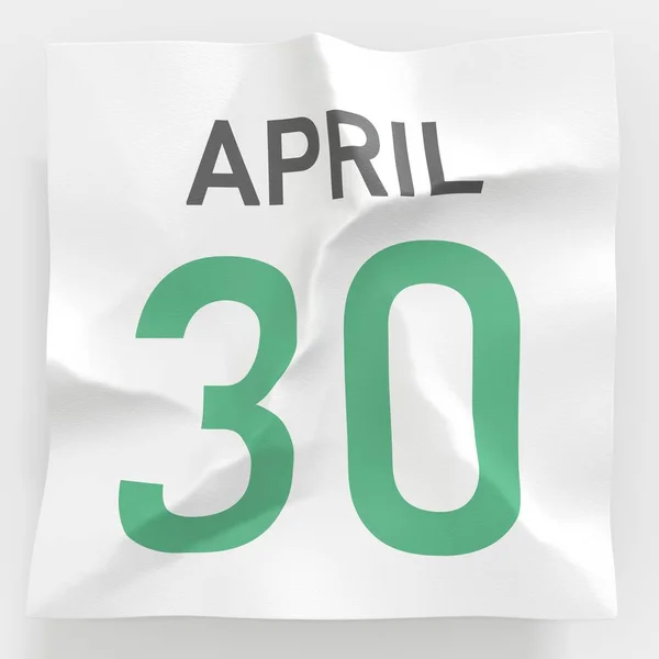 30 april datum på skrynkligt papper sida i en kalender, 3D-rendering — Stockfoto