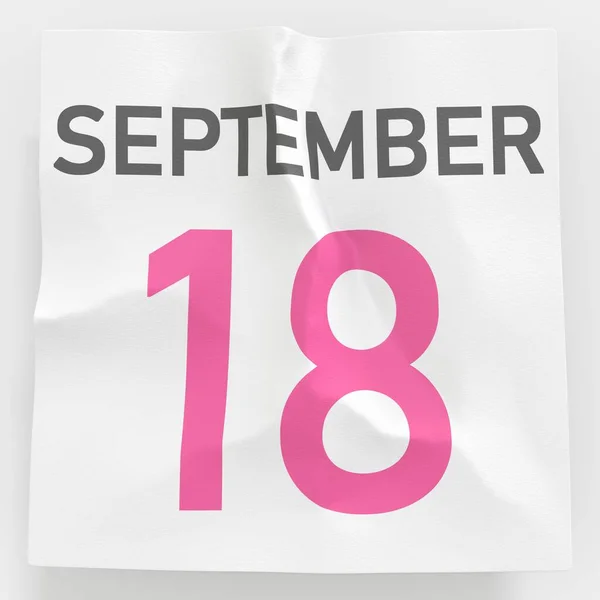 18 września data na pogniecionej papierowej stronie kalendarza, renderowanie 3d — Zdjęcie stockowe