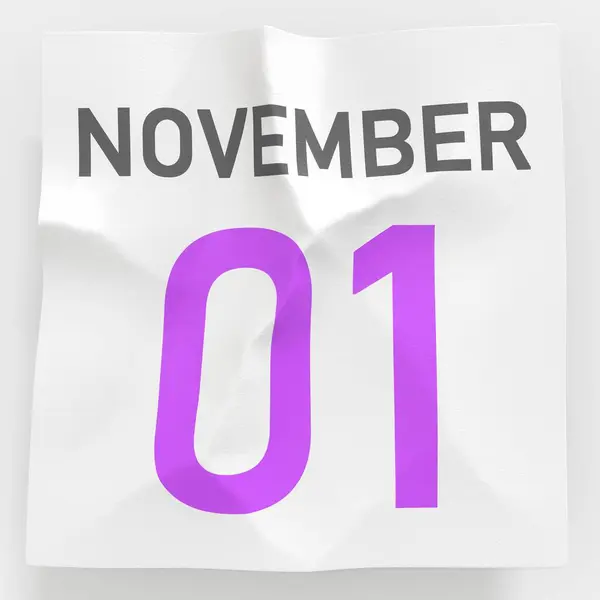 1 november datum på skrynkligt papper sida i en kalender, 3D-rendering — Stockfoto