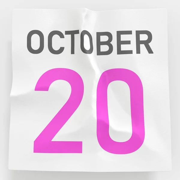 October 20 date on crumpled paper page of a calendar, 3d rendering — Stock Photo, Image