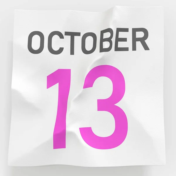 10月13日日期在一张日历的皱折纸页上，3D渲染 — 图库照片