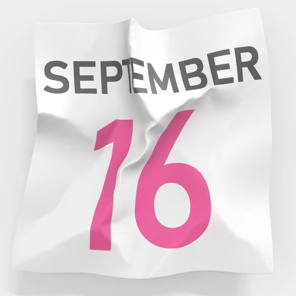 16 września data na pogniecionej papierowej stronie kalendarza, renderowanie 3d — Zdjęcie stockowe