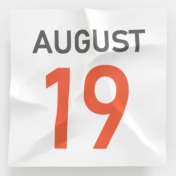 19 серпня дата на зім'ятій паперовій сторінці календаря, 3d рендеринга — стокове фото